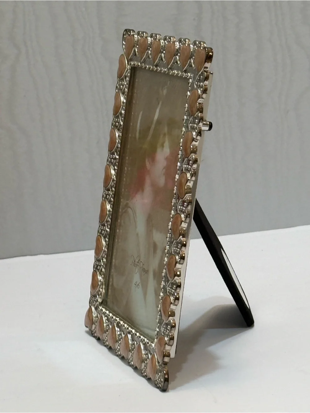 Ornate Silver & Pink Enamel Heart Picture Frame 4x6 Vintage Style Romantic